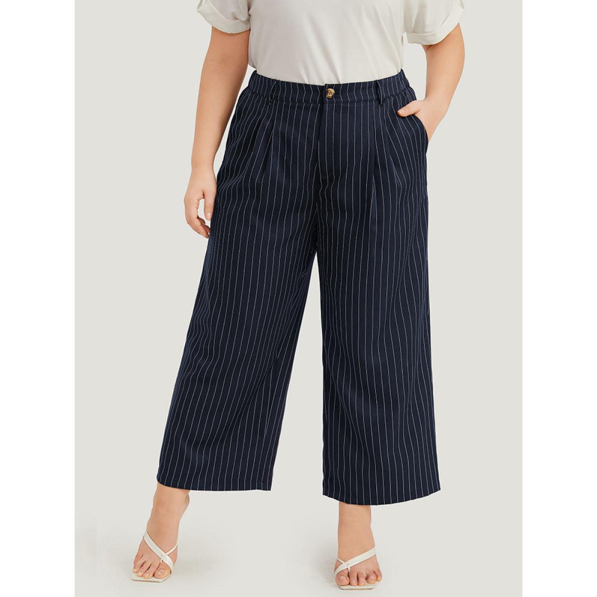 Plus Size Striped Pocket Loose Pleated Button Fly Pants Women Indigo At the Office Straight Leg High Rise Work Pants BloomChic 12/L Product Image