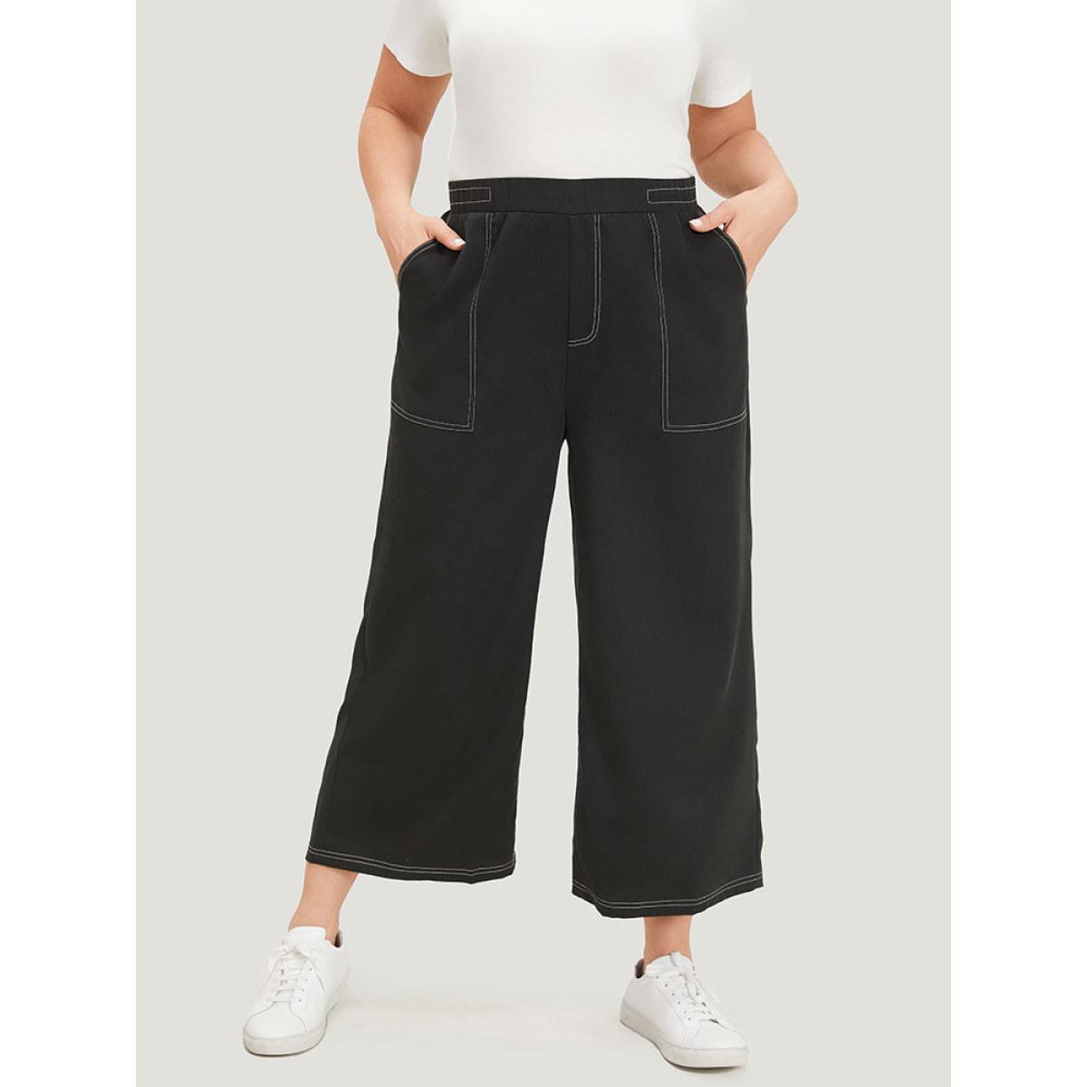 Plus Size Plain Stitch Slant Pocket High Rise Pants Women Black Elegant Straight Leg High Rise Dailywear Pants BloomChic 10/M Product Image