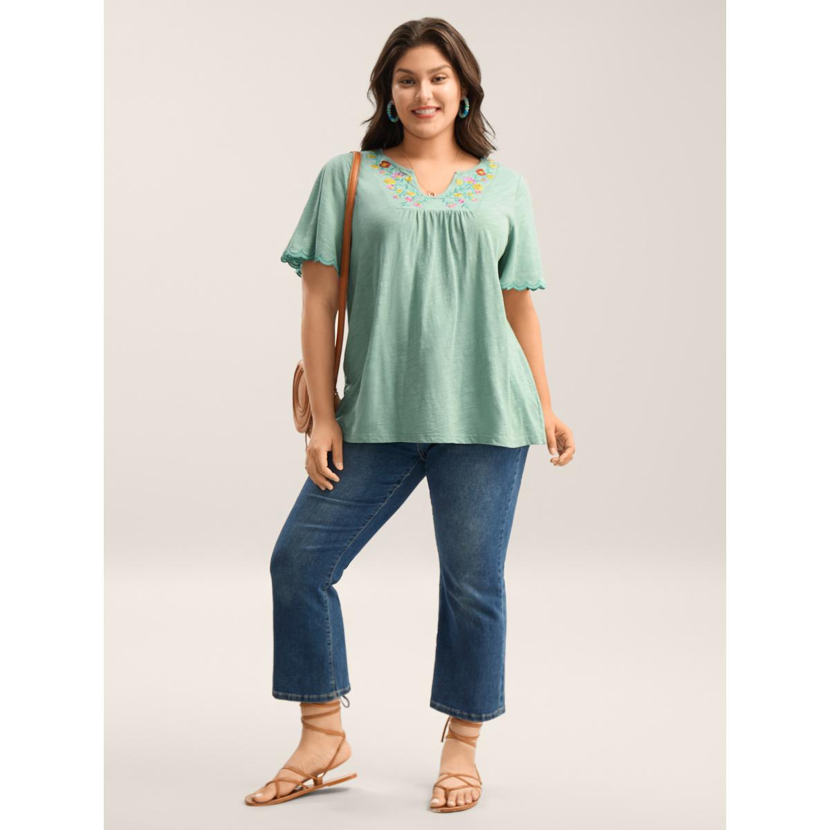 Plus Size Pure Cotton Embroidered Pleated T-Shirt Greenbean Women Boho Gathered Flat collar with V-notch Vacation T-shirts BloomChic 26/4X Product Image