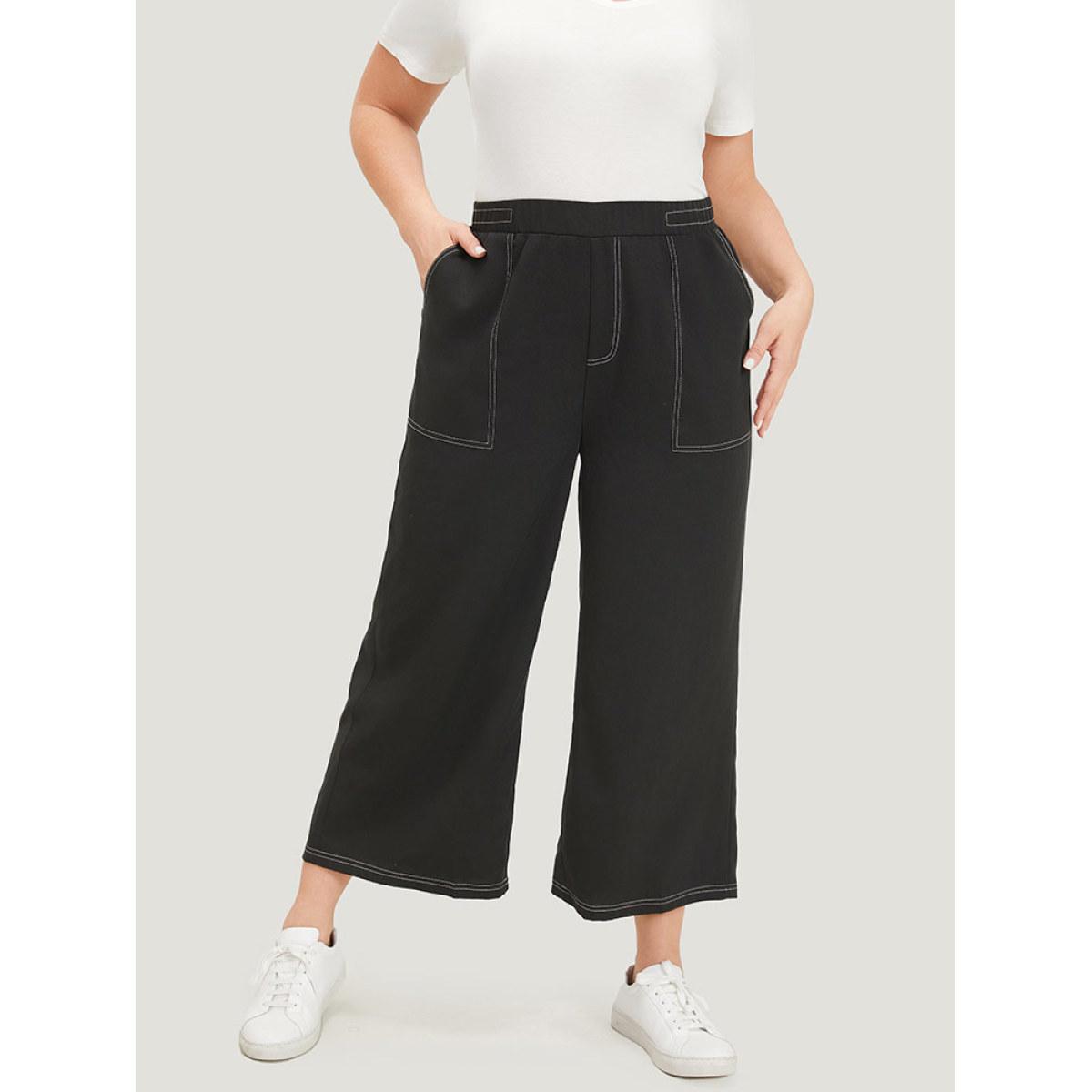 Plus Size Plain Stitch Slant Pocket High Rise Pants Women Black Elegant Straight Leg High Rise Dailywear Pants BloomChic 10/M Product Image