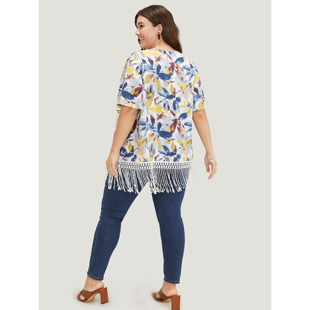 Plus Size Stone Plant Print Ruffle Sleeve Lace Fringe Hem Blouse Women Elegant Short sleeve Round Neck Dailywear Blouses BloomChic 14-16/1X Product Image