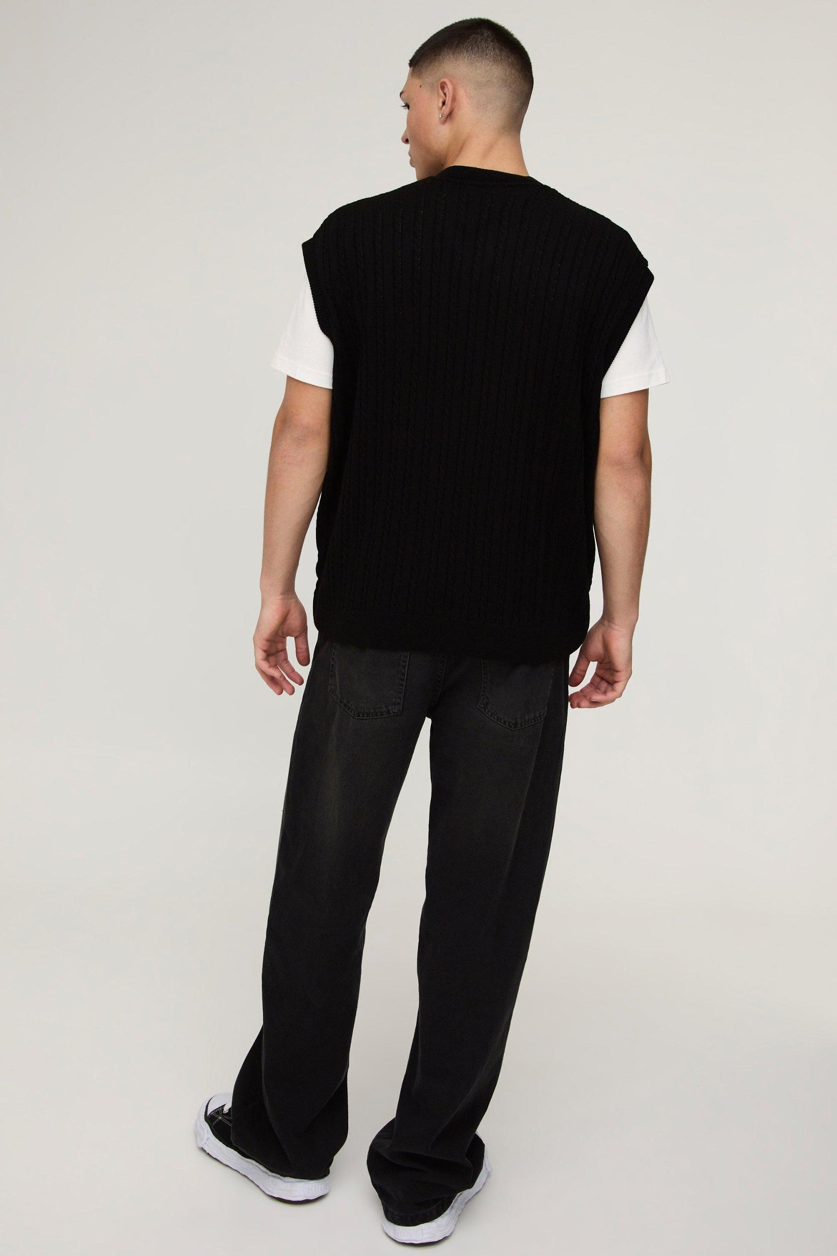 Oversized V Neck Cable Knitted Undershirt | boohooMAN USA Product Image