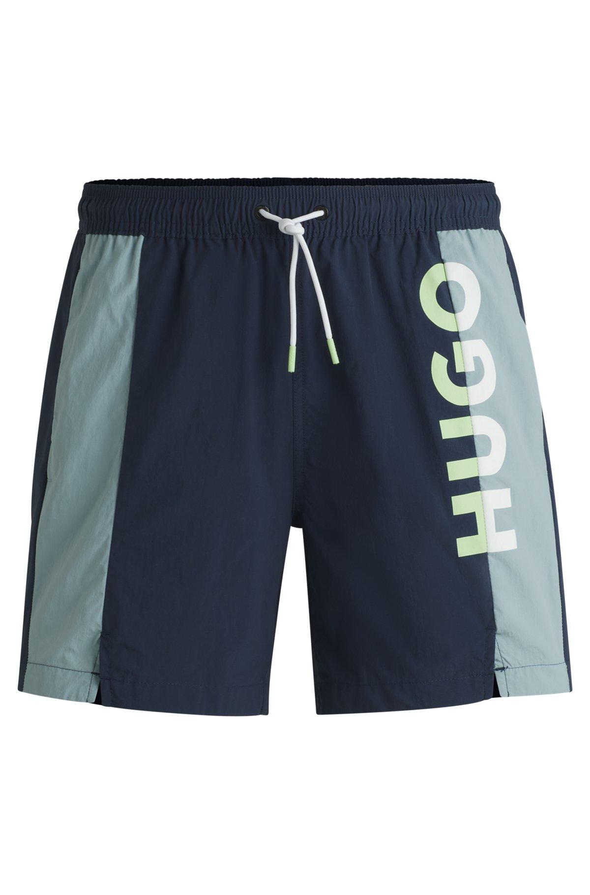 HUGO - Color-blocked swim shorts with two-tone logo - Dark Blue Product Image