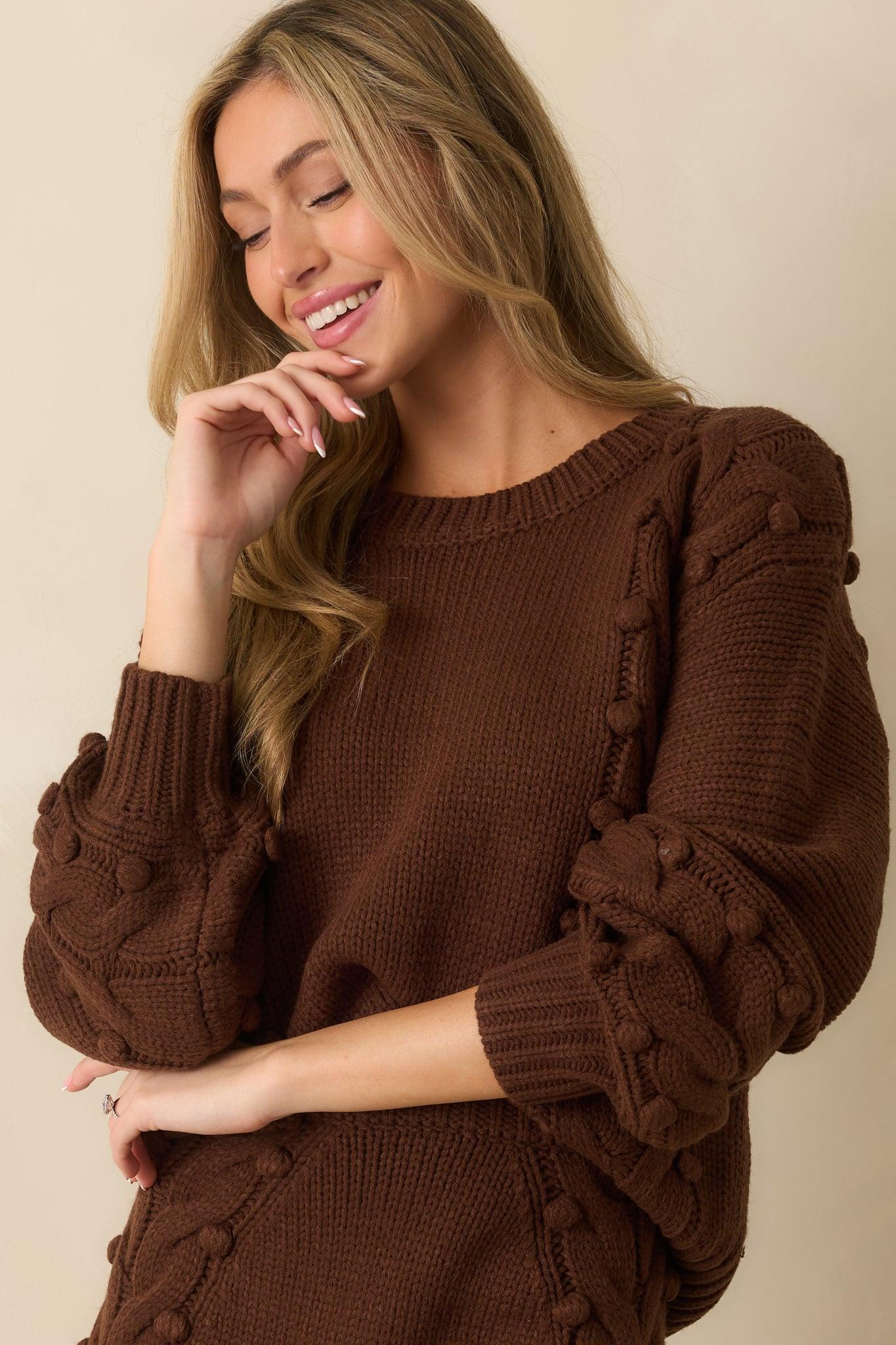 Let’s Be Honest Chocolate Brown Cable Knit Long Sleeve Sweater Product Image