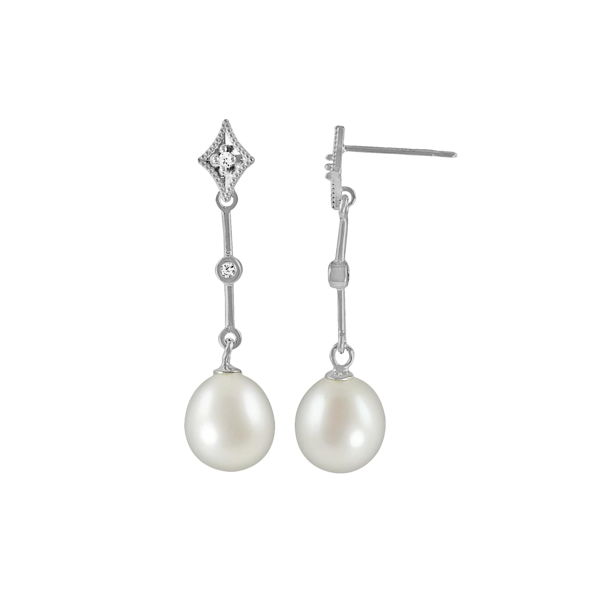 PearLustre by Imperial 14k White Gold Freshwater Cultured Pearl & Diamond Accent Linear Drop Earrings, Women's Product Image