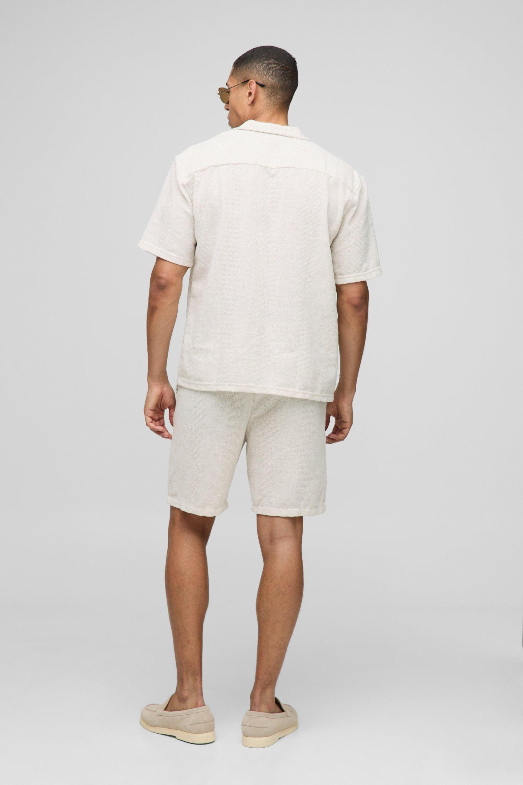 Oversized Linen Look Textured Revere Shirt & Short Set | boohooMAN USA Product Image
