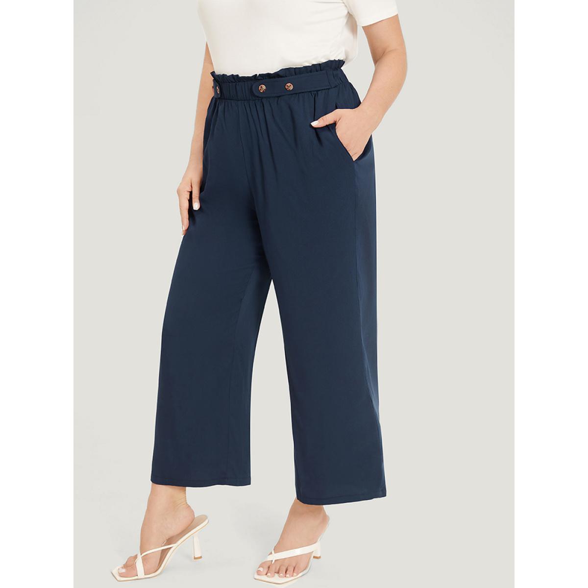 Plus Size Plain Pocket Paperbag Waist Button Detail Pants Women Indigo Elegant Straight Leg High Rise Dailywear Pants BloomChic 10/M Product Image