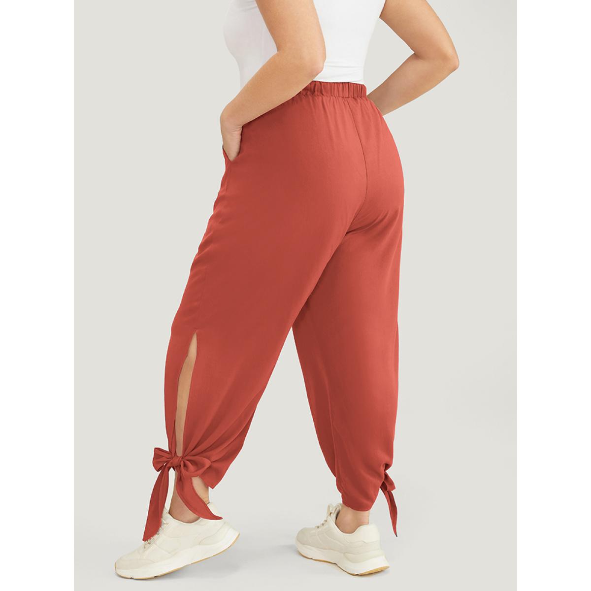 Plus Size Solid Knotted Split Hem Pocket Pants Women Rust Casual Loose High Rise Dailywear Pants BloomChic 14-16/1X Product Image