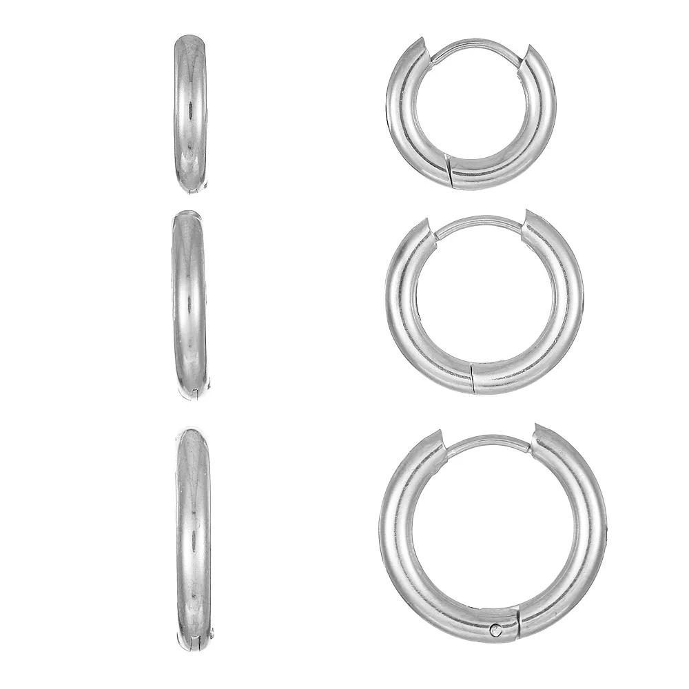 City Luxe Stainless Steel 3-Pair Hoop Earring Set, Women's, Silver Tone Product Image