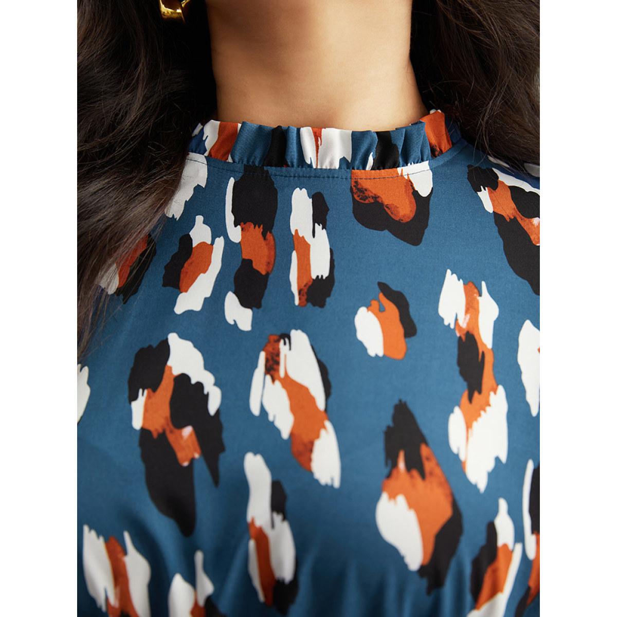 Plus Size Allover Print Stand Collar Pocket Ruffles Dress Aegean Women Office Printed Stand-up collar Long Sleeve Curvy Midi Dress BloomChic 18-20/2X Product Image