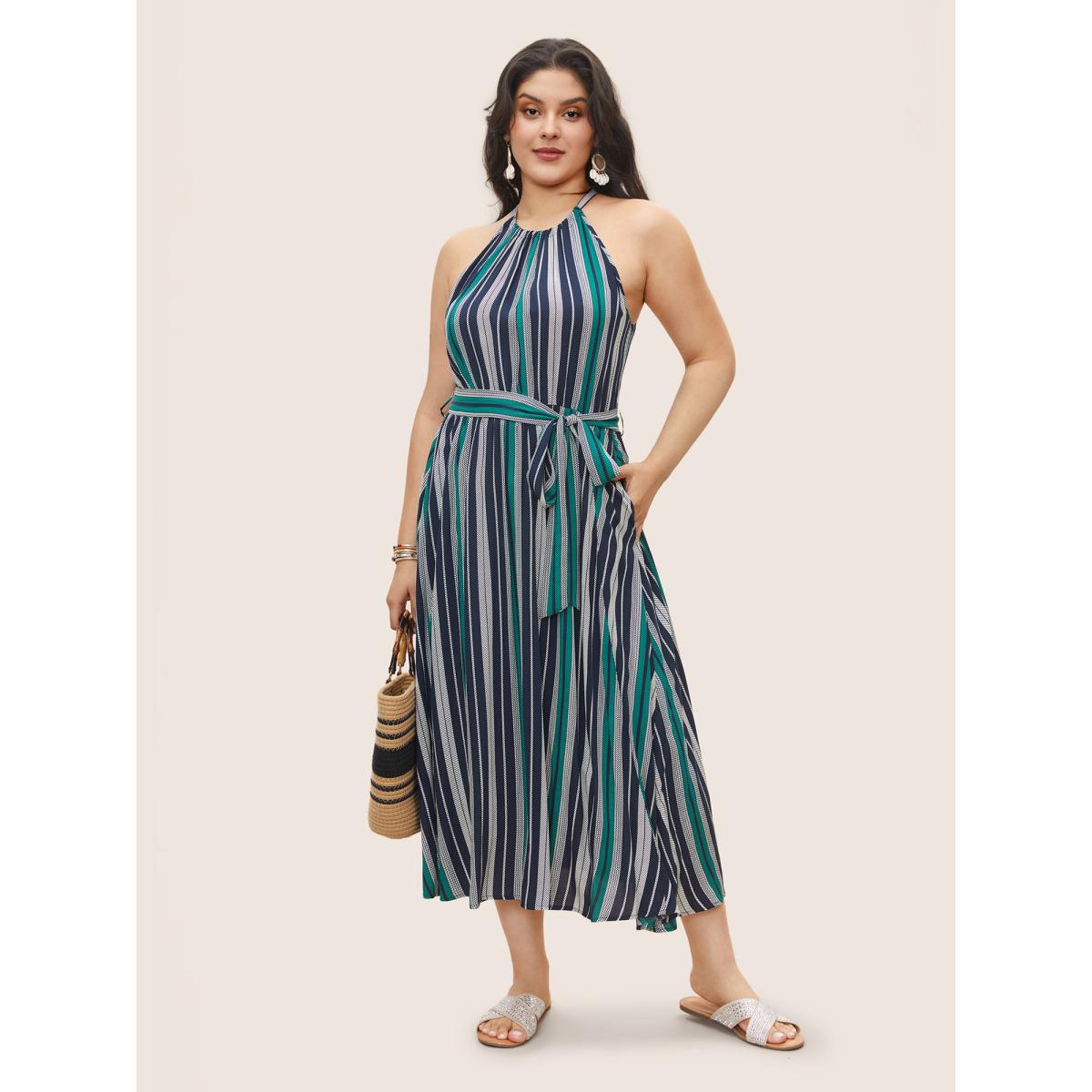 Plus Size Striped Belted Halter Pocket Dress DarkBlue Women Resort Belted Halter neck Sleeveless Curvy Midi Dress BloomChic 18-20/2X Product Image