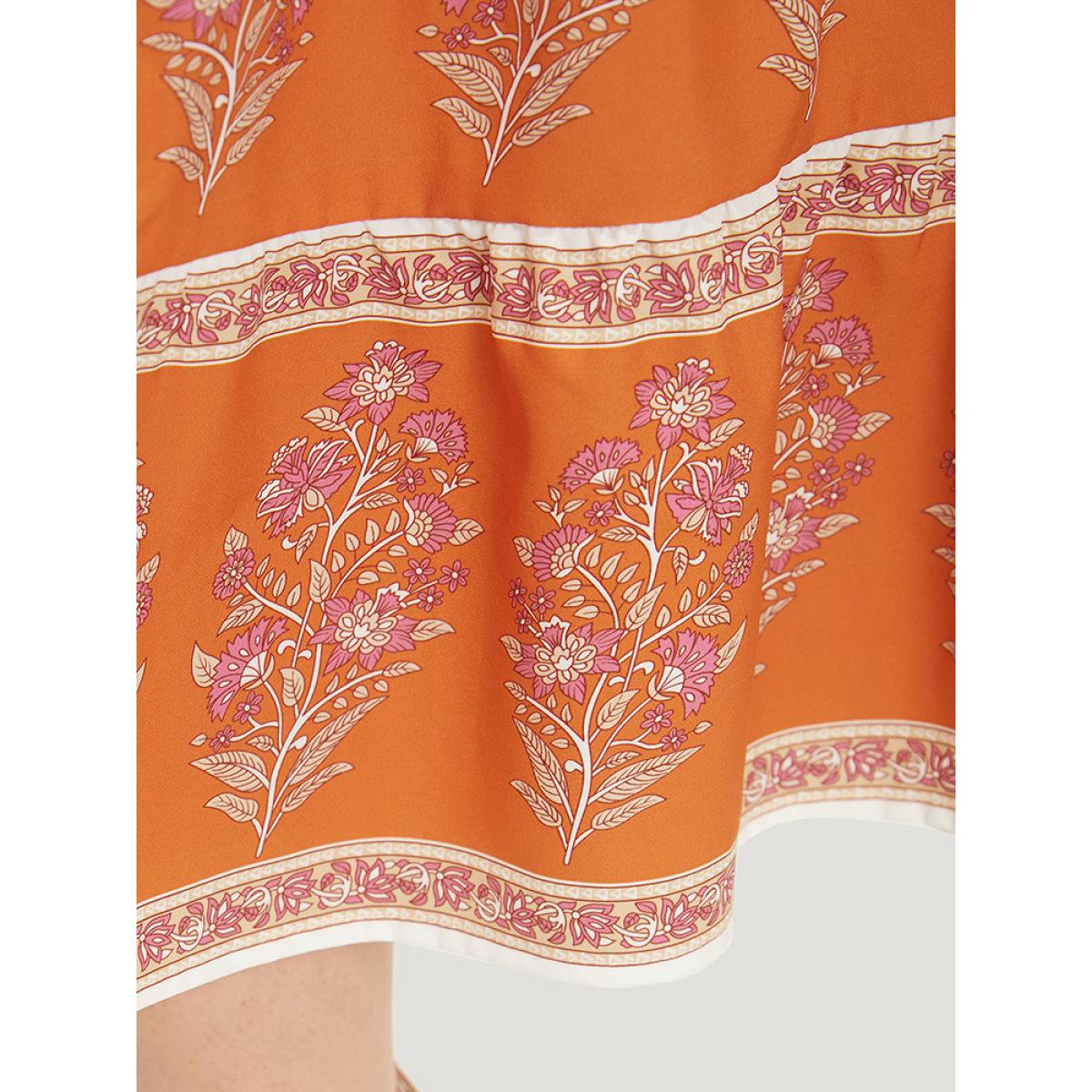 Plus Size Floral Print Button Detail Elastic Waist Patchwork Dress Emerald Women Vacation Gathered V-neck Short sleeve Curvy Midi Dress BloomChic 28/5X Product Image