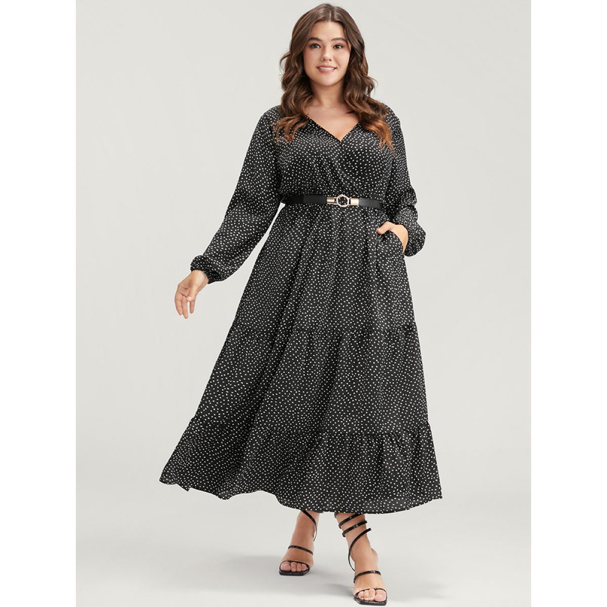 Plus Size Polka Dot Pocket Wrap Ruffles Tiered Dress Without Belt Black Women Elegant Elastic Waist V-neck Long Sleeve Curvy Long Dress BloomChic 12/L Product Image