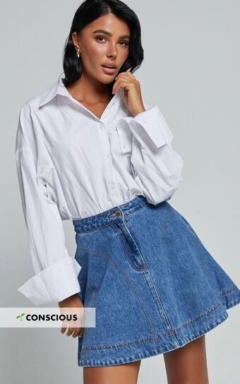 Koemi Skirt - High Waisted Denim Flare in Mid Blue Wash Product Image