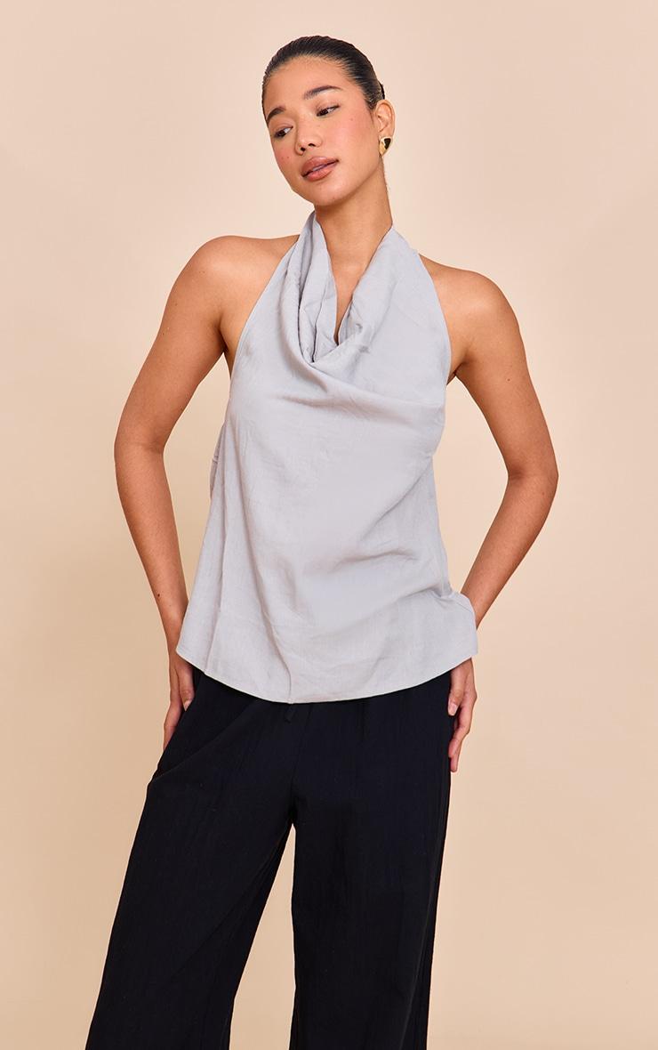 Grey Linen Blend Cowl Neck Backless Long Top Product Image