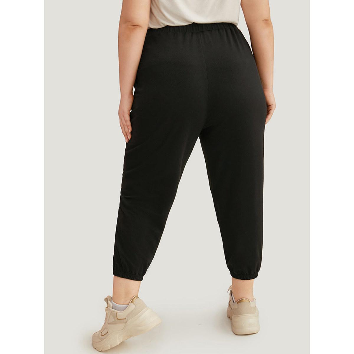 High Rise Button Detail Elastic Waist Sweatpant Black Plus Size Women Casual Dailywear Plain 10/M Bloomchic Product Image