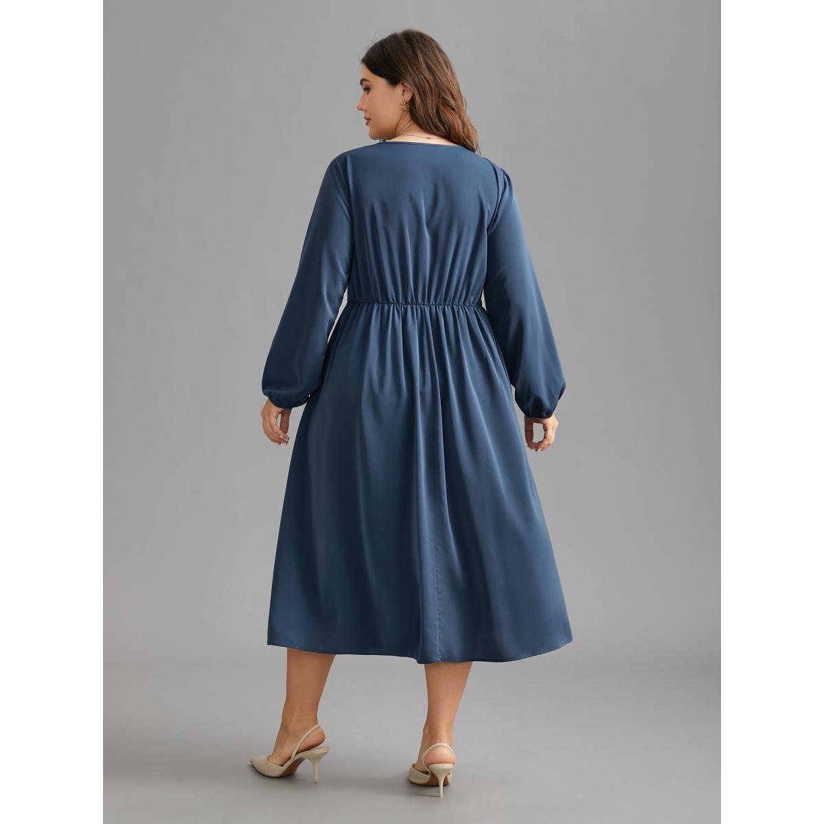 Plus Size Solid Ruffle Trim Elastic Waist Midi Dress DarkSlateGray Women Timeless Frill Trim V-neck Long Sleeve Curvy BloomChic 28/5X Product Image