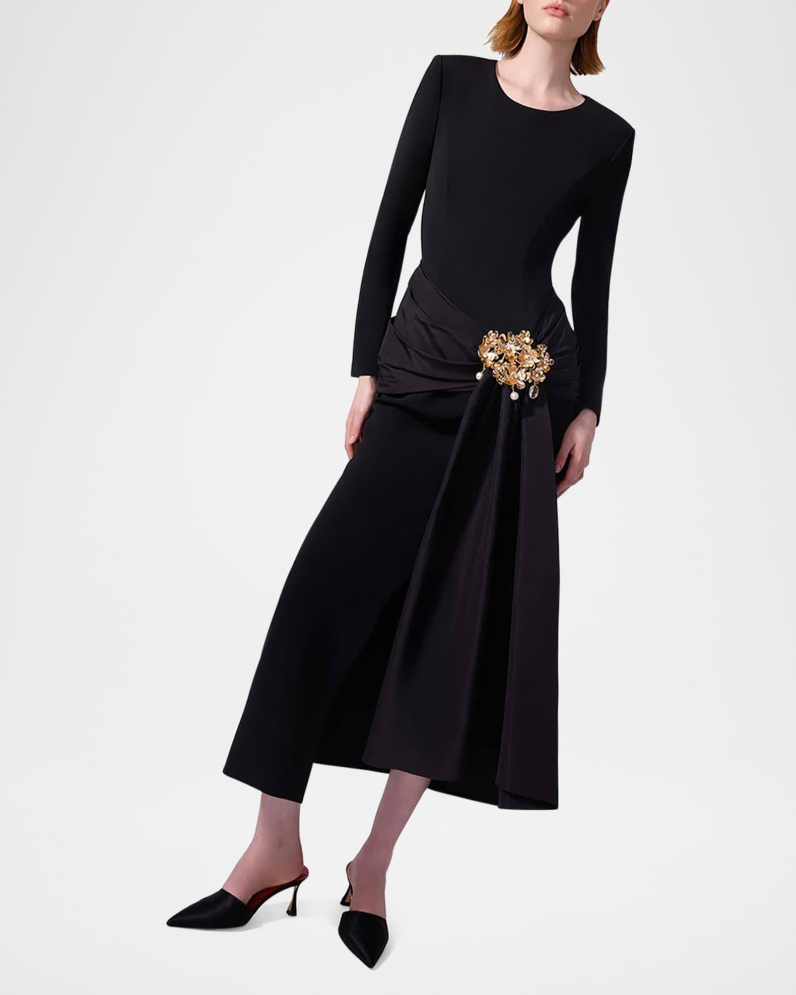 Long-Sleeve Waist Sash Slit Midi Dress Product Image