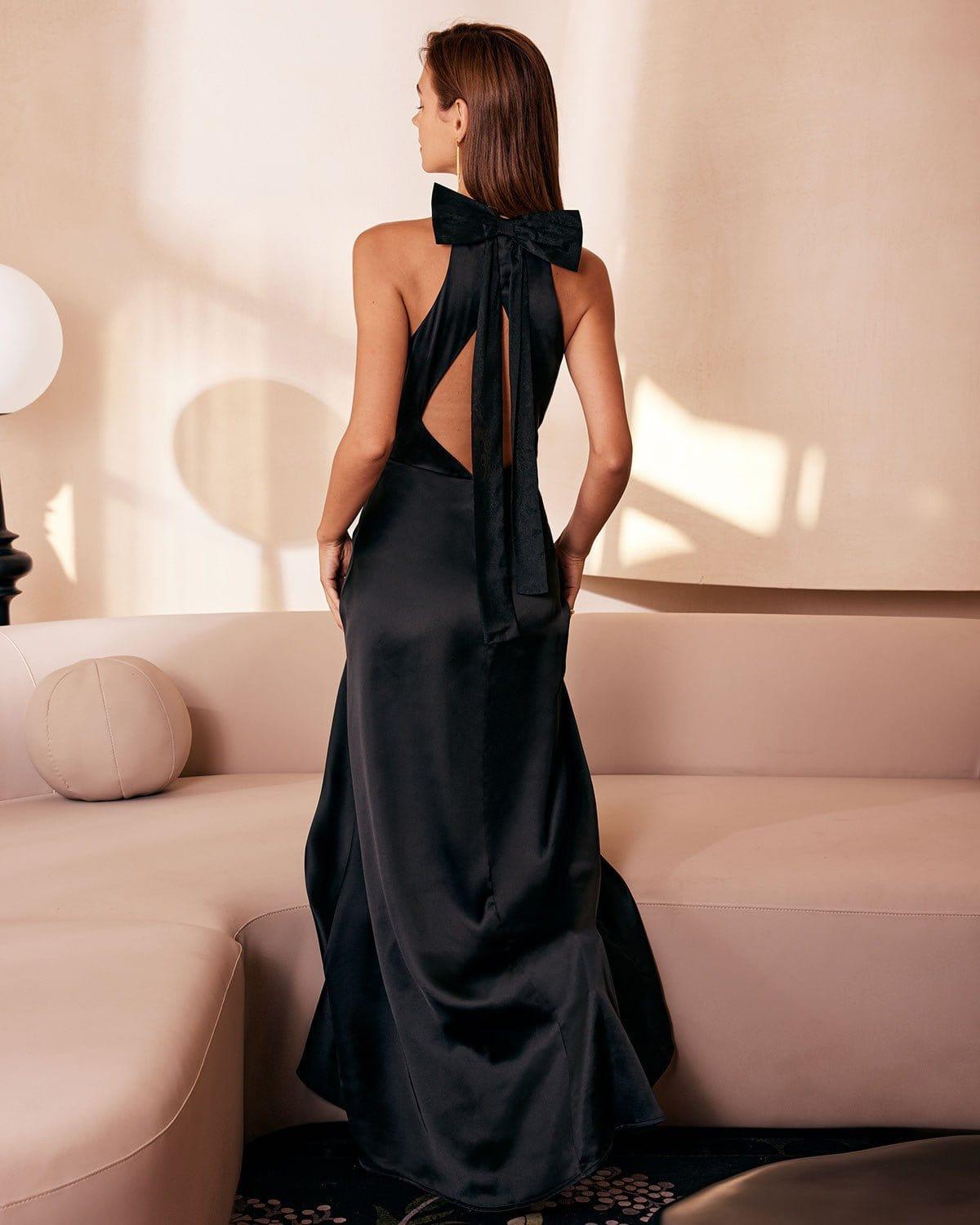 The Black Halter Bowknot Cutout Maxi Dress Product Image