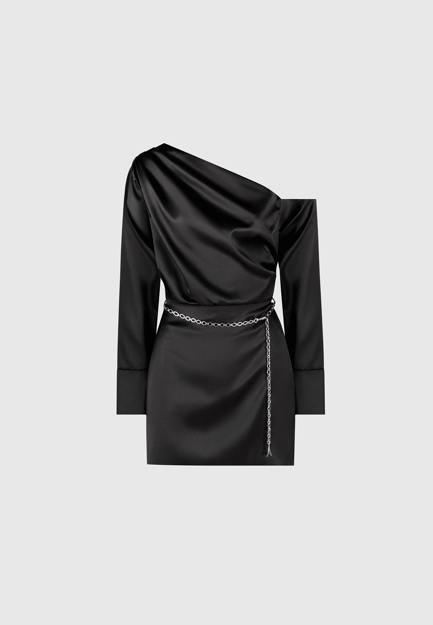 Off Shoulder Draped Satin Mini Dress with Belt - Black Female Product Image