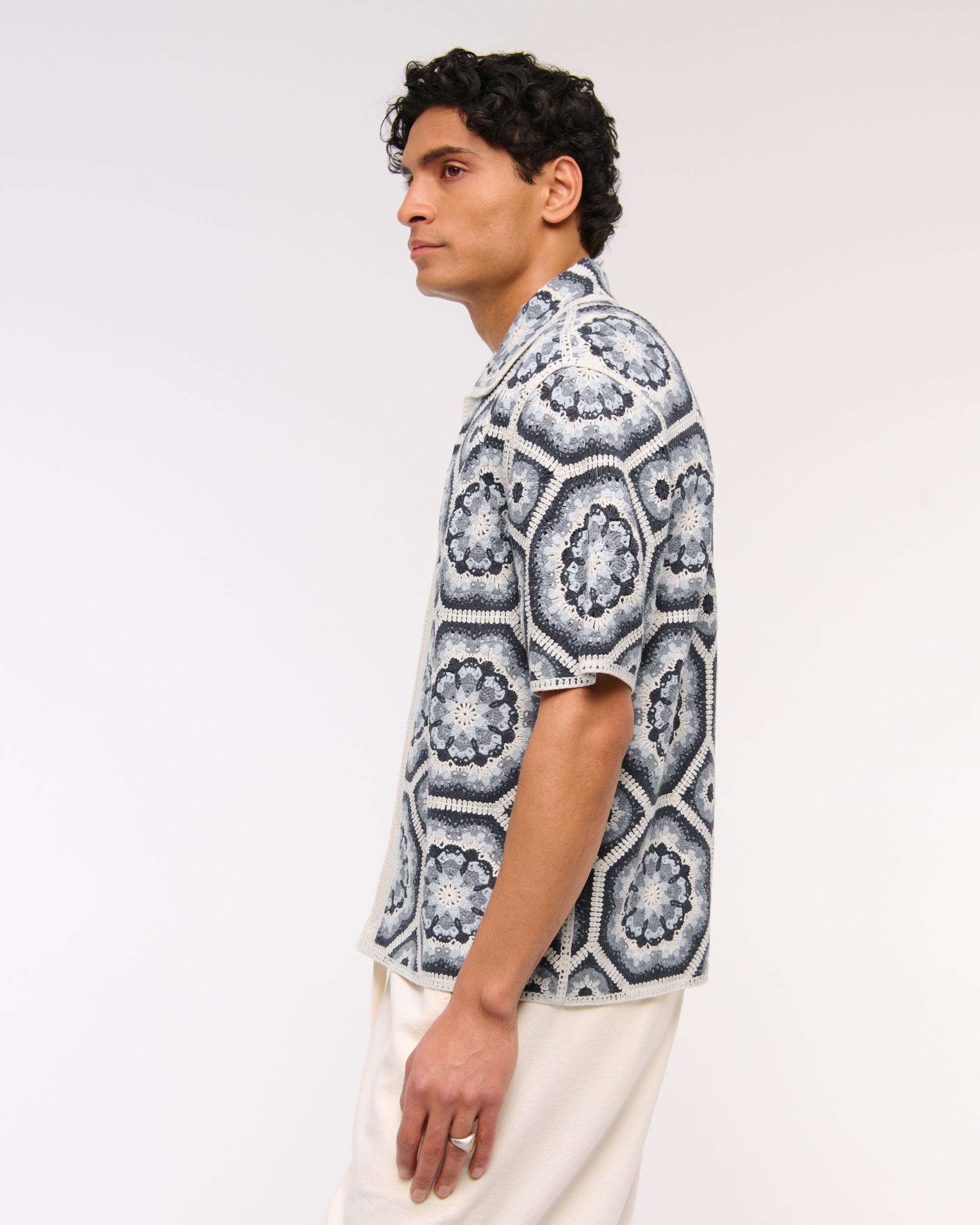 Crochet-Style Border Stripe Button-Through Sweater Polo Product Image