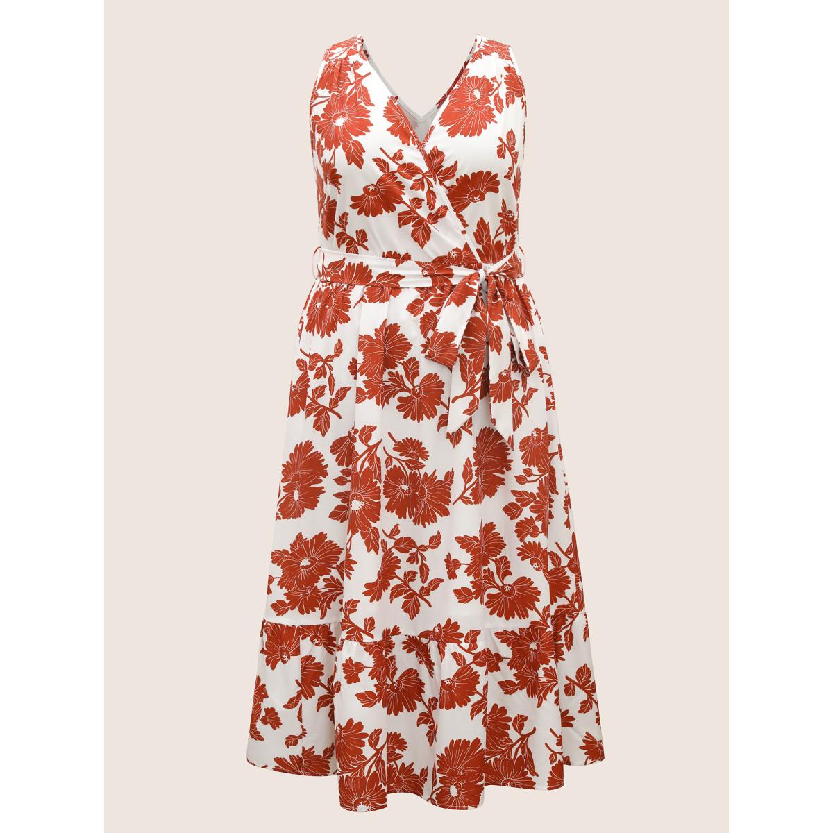 Plus Size Overlap Collar Floral Sleeveless Belted Dress Crimson Women Elegant Belted Overlap Collar Sleeveless Curvy BloomChic 10/M Product Image