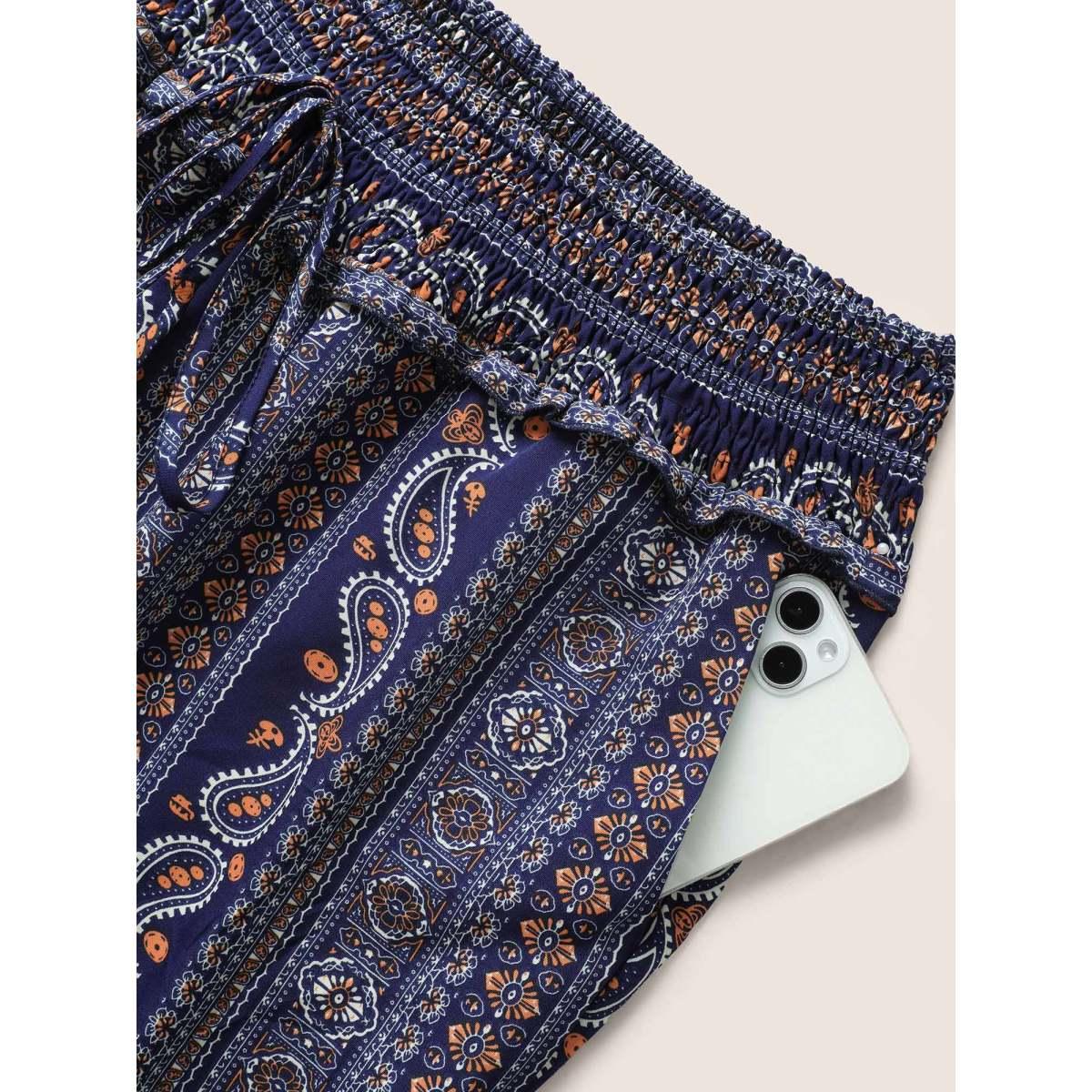 Plus Size Bandana Print Frill Trim Drawstring Pants Women Indigo Casual Wide Leg Mid Rise Everyday Pants BloomChic 14-16/1X Product Image
