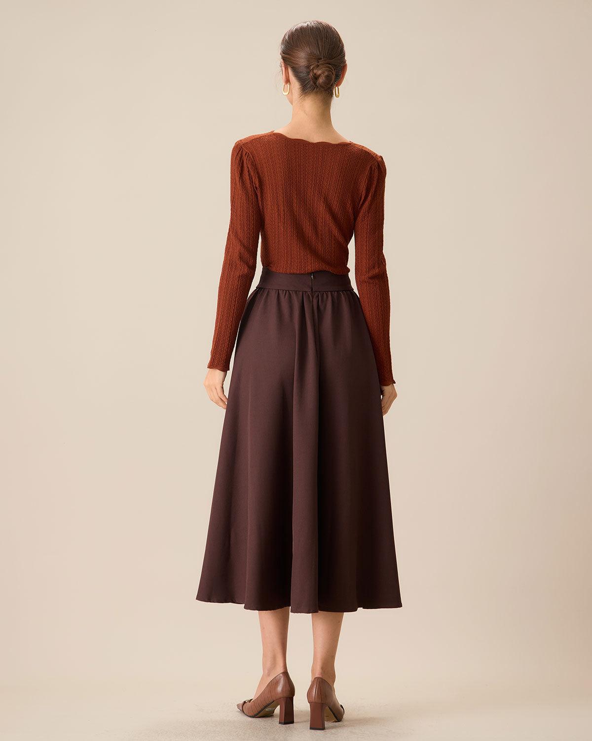 Women's Coffee High-waisted Pleated Midi Skirt Female Product Image