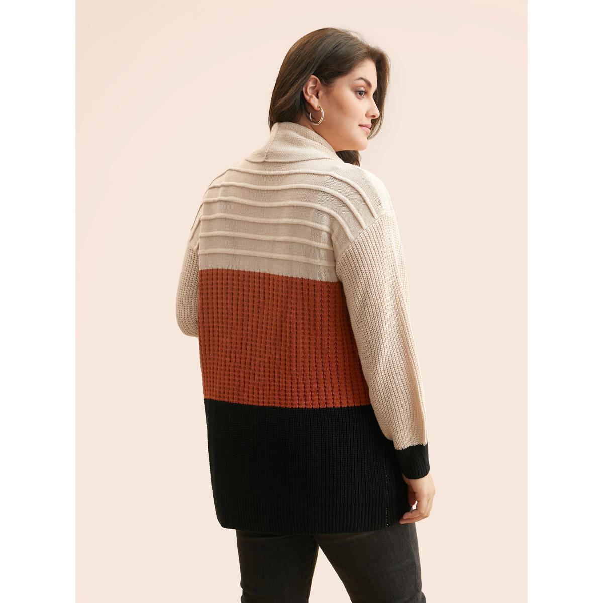 Plus Size Colorblock Contrast Lapel Collar Texture Cardigan Apricot Women Casual Loose Long Sleeve Everyday Cardigans BloomChic 30/6X Product Image