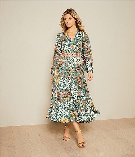 Gibson & Latimer Leaf Print Woven Moonshadow Satin Split V-Neck Long Blouson Sleeve Tiered A-Line Wrap Midi Dress Product Image