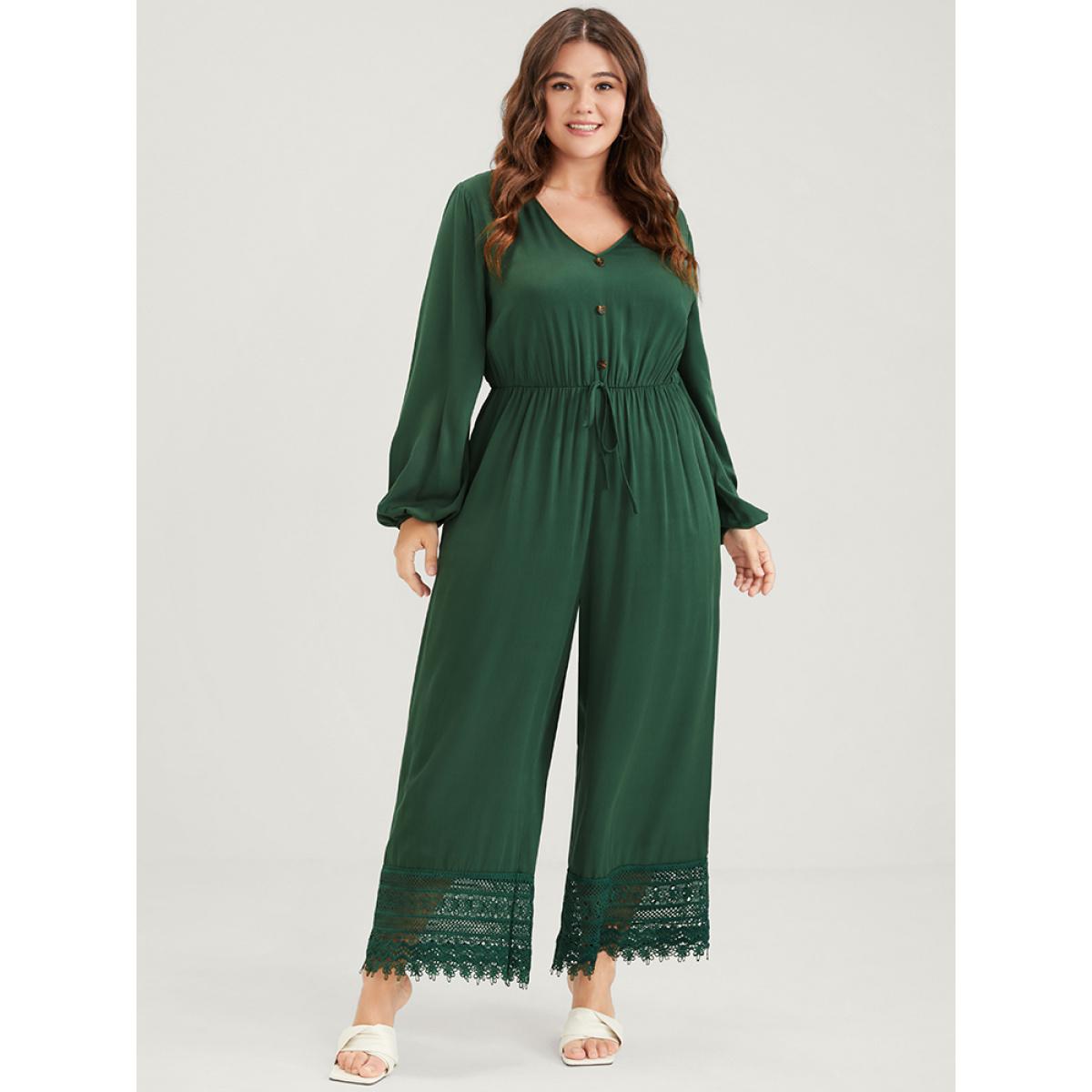 Plus Size Green Plain Pocket Button Lantern Sleeve Lace Hem Tie Jumpsuit Women Elegant Long Sleeve V-neck Dailywear Loose Jumpsuits BloomChic 18-20/2X Product Image