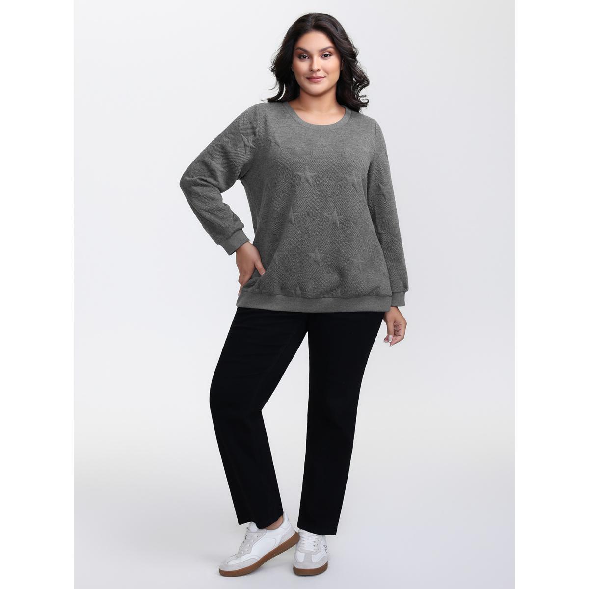 Plus Size Jacquard Star Print Knit Sweatshirt Women DimGray Leisure Round Neck Casual Sweatshirts BloomChic 14-16/1X Product Image