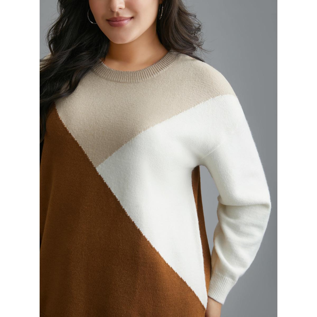 Plus Size Supersoft Essentials Color Block Crew Neck Pullover Yellowishbrown Women Casual Loose Long Sleeve Round Neck Everyday Pullovers BloomChic 22-24/3X Product Image