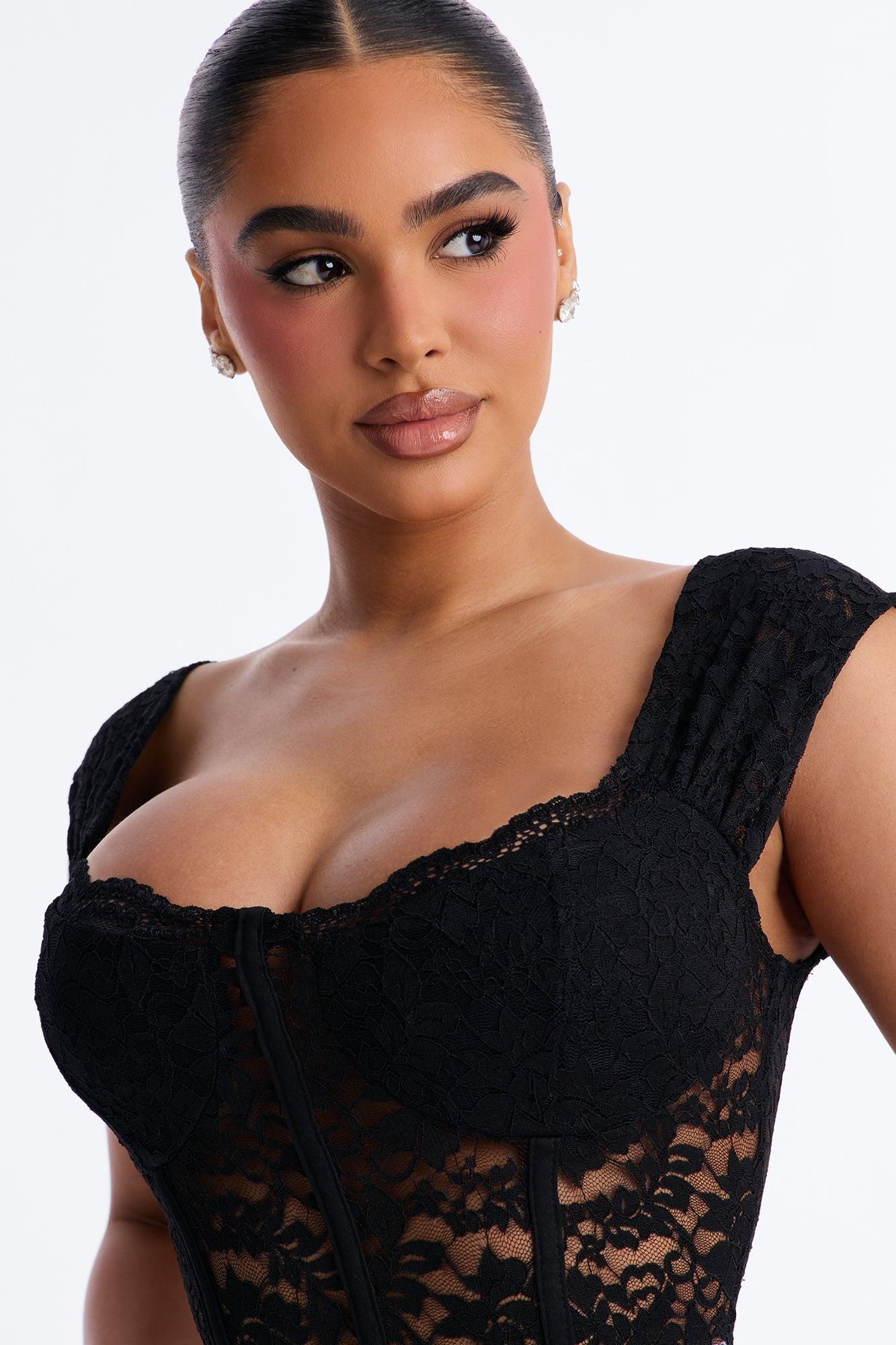 Maria Sheer Lace Short Sleeve Bodysuit - Black Female Product Image