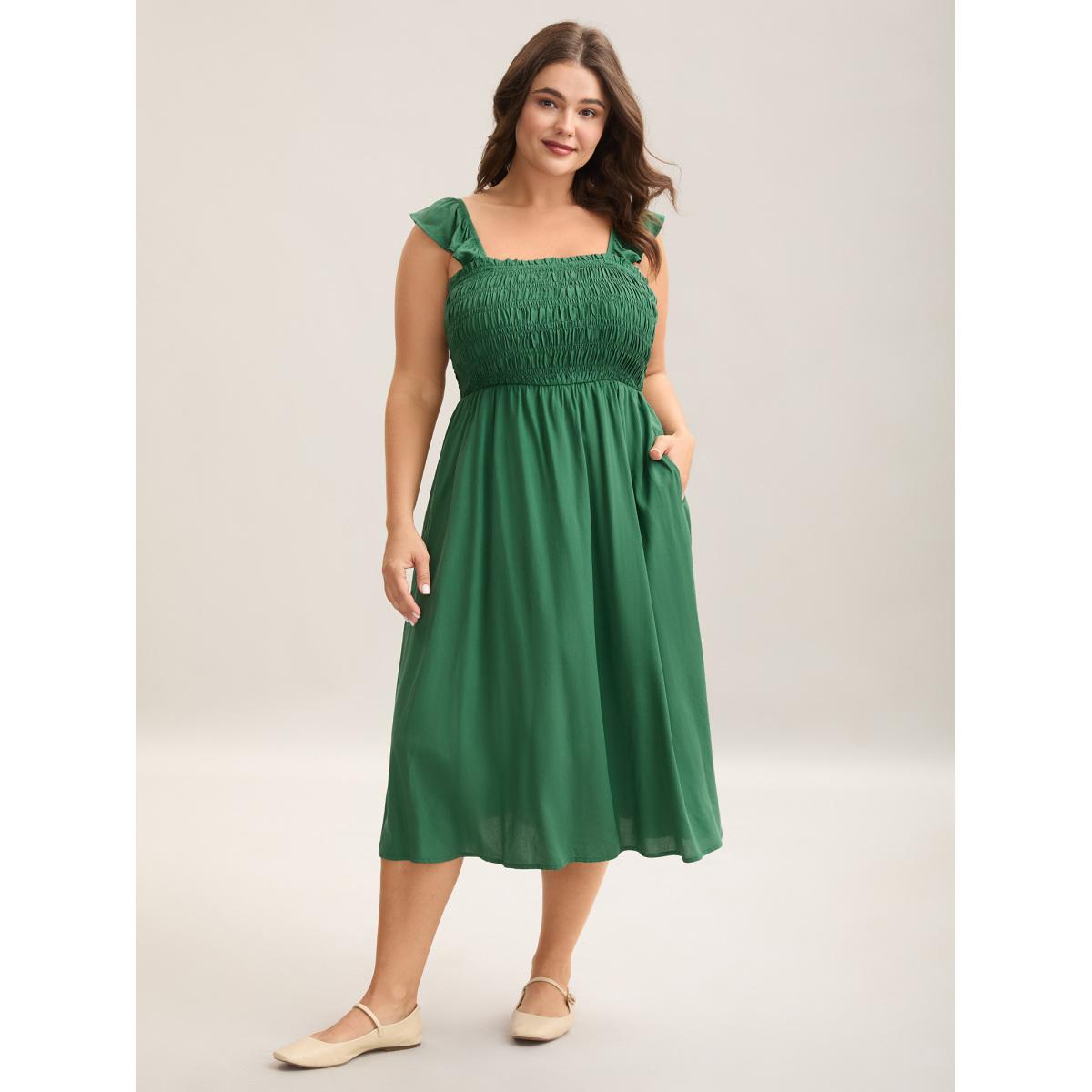 Plus Size Rayon Shirred Flutter Straps Pockets Midi Dress Emerald Women Square Neck Sleeveless Curvy BloomChic 22-24/3X Product Image
