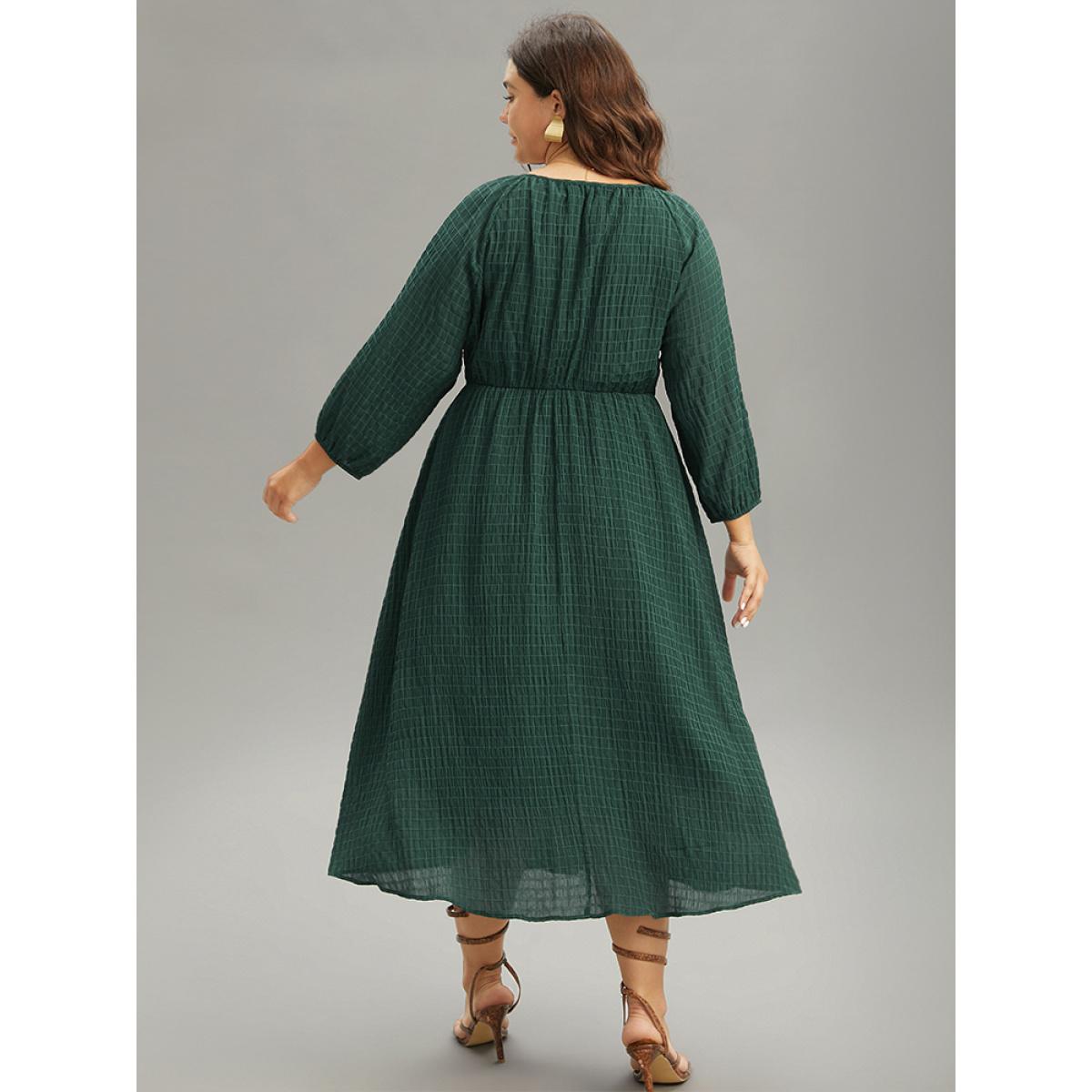 Plus Size Solid Textured Knot Neck Gathered Lantern Sleeve Dress DarkGreen Women Elegant Elastic cuffs Tie Neck Elbow-length sleeve Curvy Midi Dress BloomChic 22-24/3X Product Image
