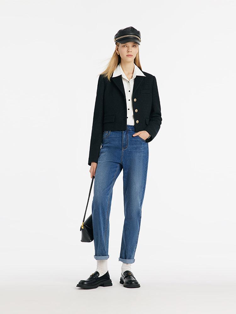 Vintage Single-Breasted V-Neck Women Crop Jacket Product Image