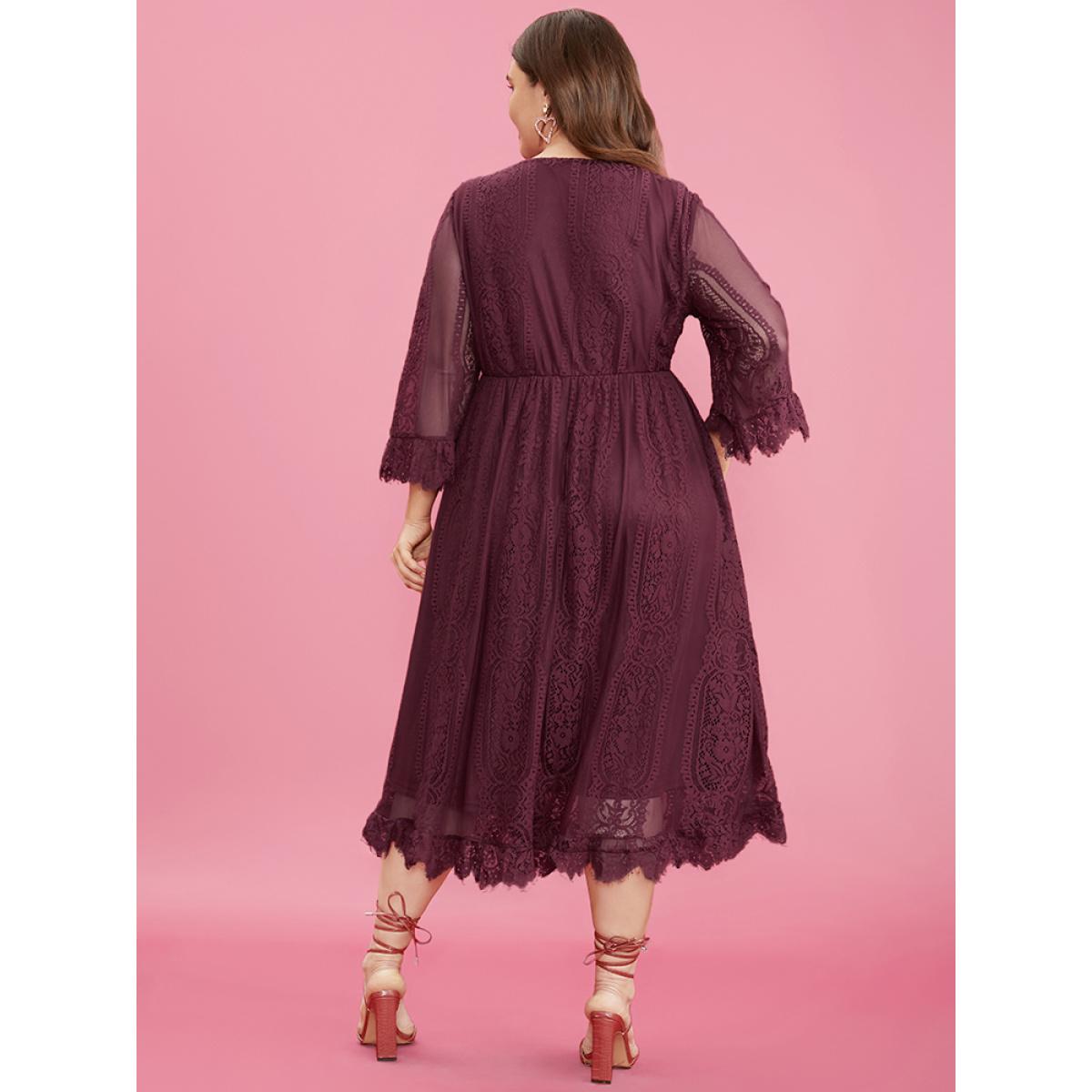 Plus Size Floral V Neck Pocket Contrast Lace Mesh Ruffles Dress Scarlet Women Glamour See through V-neck Elbow-length sleeve Curvy Midi Dress BloomChic 30/6X Product Image