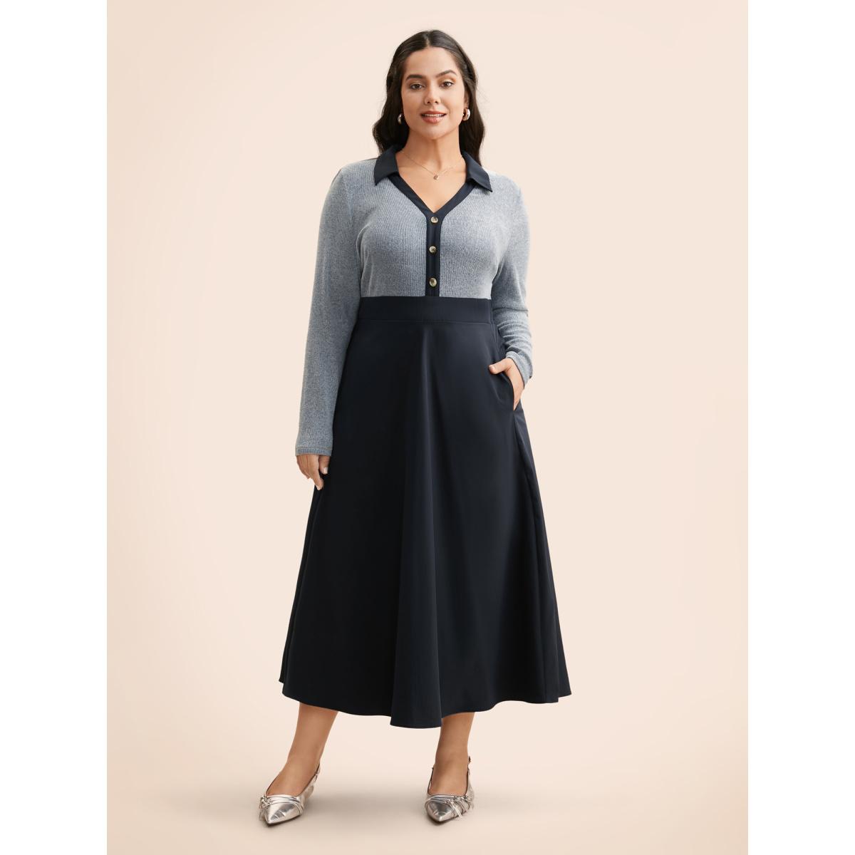 Plus Size Contrast Shirt Collar Button Detail Dress Indigo Women Elegant Contrast Shirt collar Extra Long Sleeve Curvy BloomChic 14-16/1X Product Image