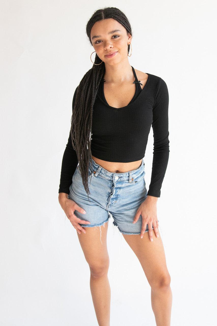 Layered Halter Bow Long Sleeve Top Product Image