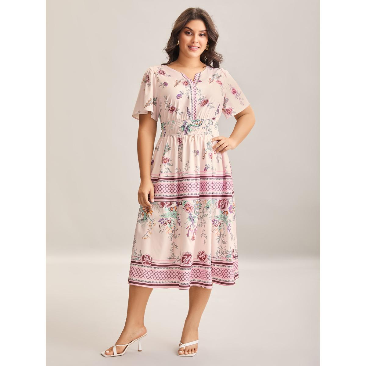 Plus Size Floral Print Waist Defining Midi Dress Peach Women Notched collar Short sleeve Curvy BloomChic 26/4X Product Image