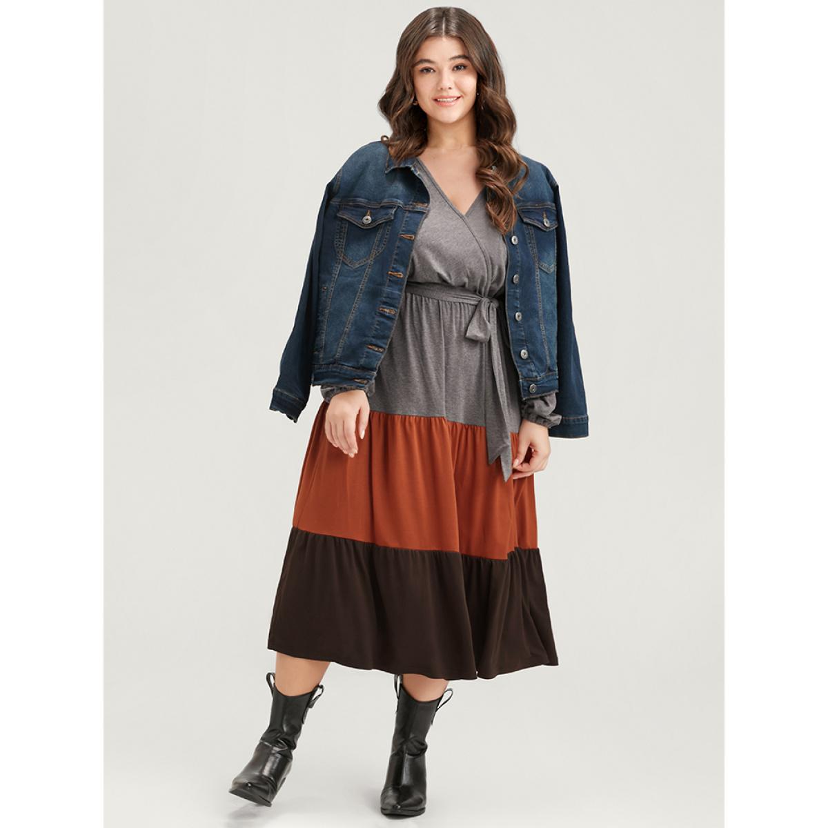 Plus Size Colorblock Contrast Pocket Wrap Belted Ruffle Tiered Dress Multicolor Women Casual Belted V-neck Long Sleeve Curvy Midi Dress BloomChic 10/M Product Image