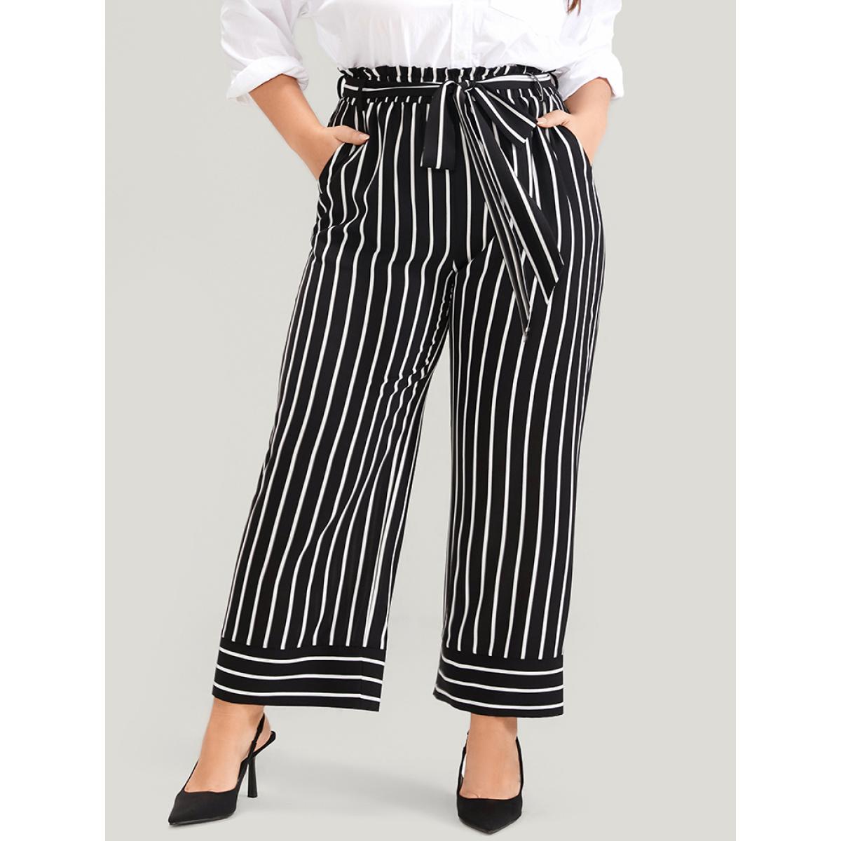 Plus Size Striped Patchwork Pocket Belted Elastic Waist Pants Women Black Office High Rise Work Pants BloomChic 14-16/1X Product Image