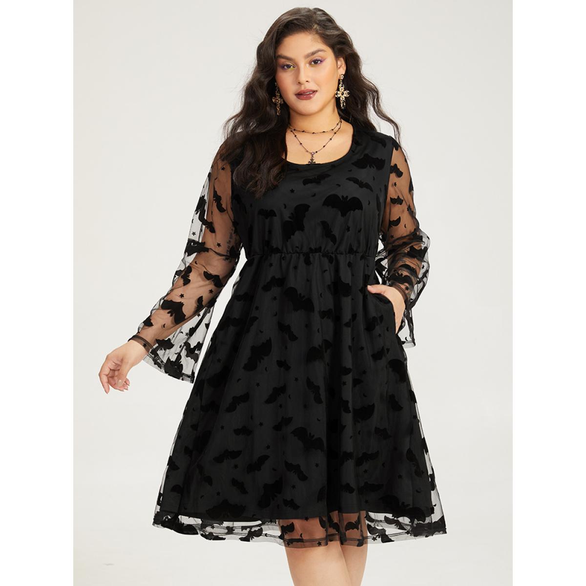 Plus Size Halloween Bat Print Mesh Long Sleeve Dress Black Women Elegant See through Round Neck Long Sleeve Curvy Midi Dress BloomChic 30/6X Product Image