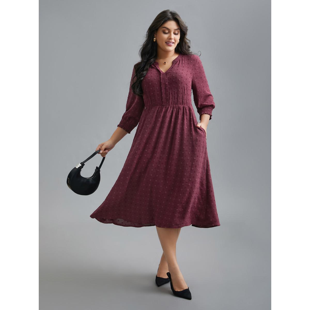 Plus Size Notched Collar Textured Smocked Cuffs Dress Plum Women At the Office Tucked seam Notched collar Elbow-length sleeve Curvy BloomChic 26/4X Product Image