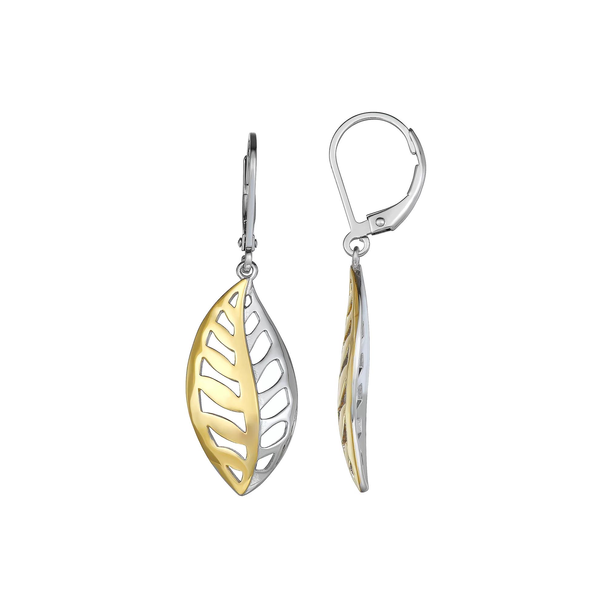 Two Tone Sterling Silver Leaf Leverback Earrings, Women's Product Image