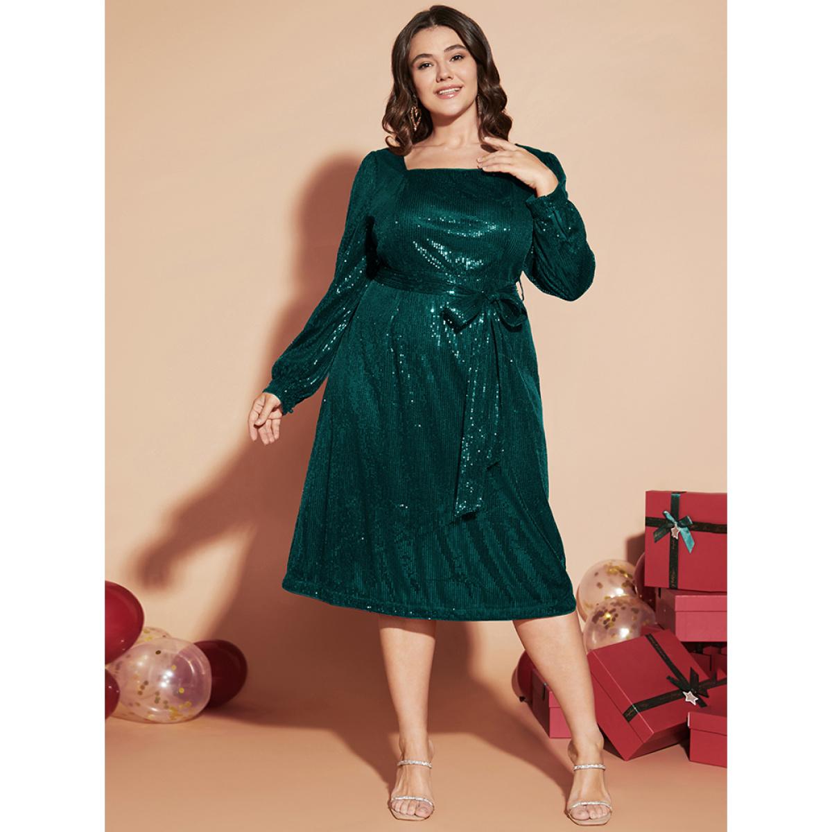 Plus Size Solid Square Neck Lantern Sleeve Belted Sequin Dress DarkGreen Women Party Cross straps Square Neck Long Sleeve Curvy Midi Dress BloomChic 18-20/2X Product Image