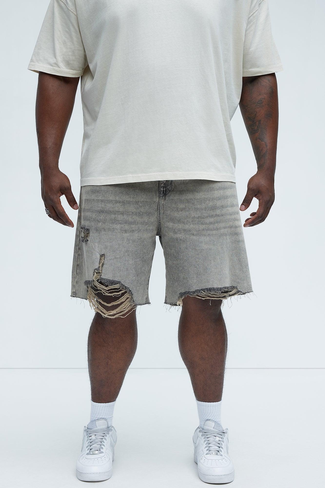 Relaxed Raw Hem Distressed Denim Shorts - Grey/Smoke Product Image