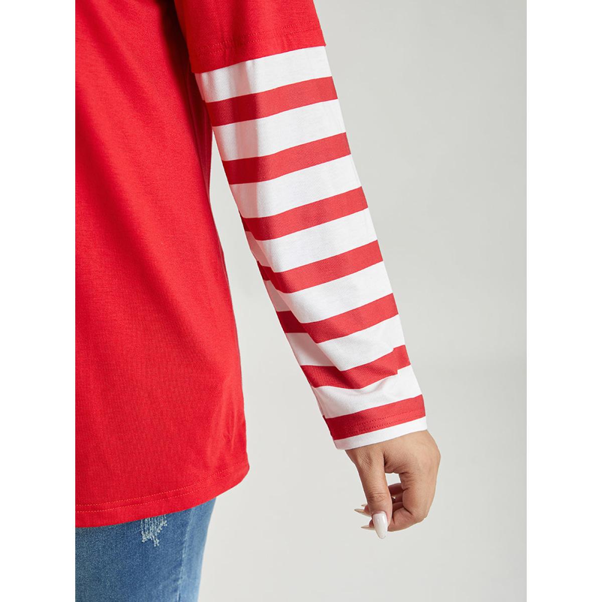 Plus Size Snowflake Striped Patchwork T-shirt Red Women Casual Contrast Christmas Round Neck Festival-Christmas T-shirts BloomChic 28/5X Product Image