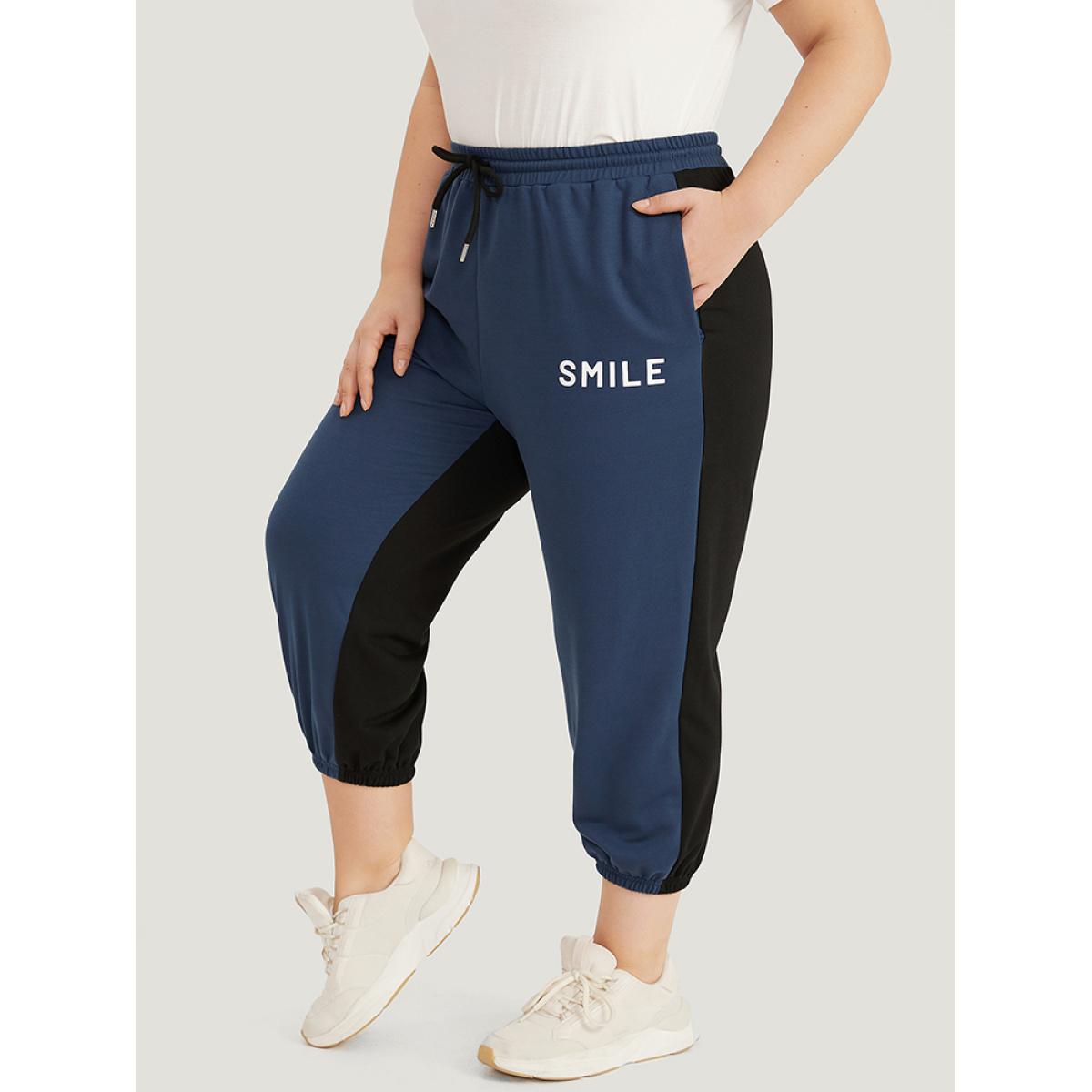 Letter Print Drawstring High Rise Sweatpants Black Plus Size Women Casual Dailywear Contrast 28/5X Bloomchic Product Image